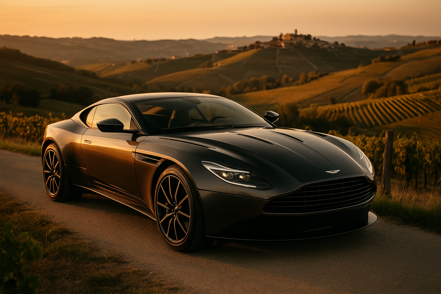 Aston Martin DB11 verde su strada tra i vigneti delle Langhe, Piemonte