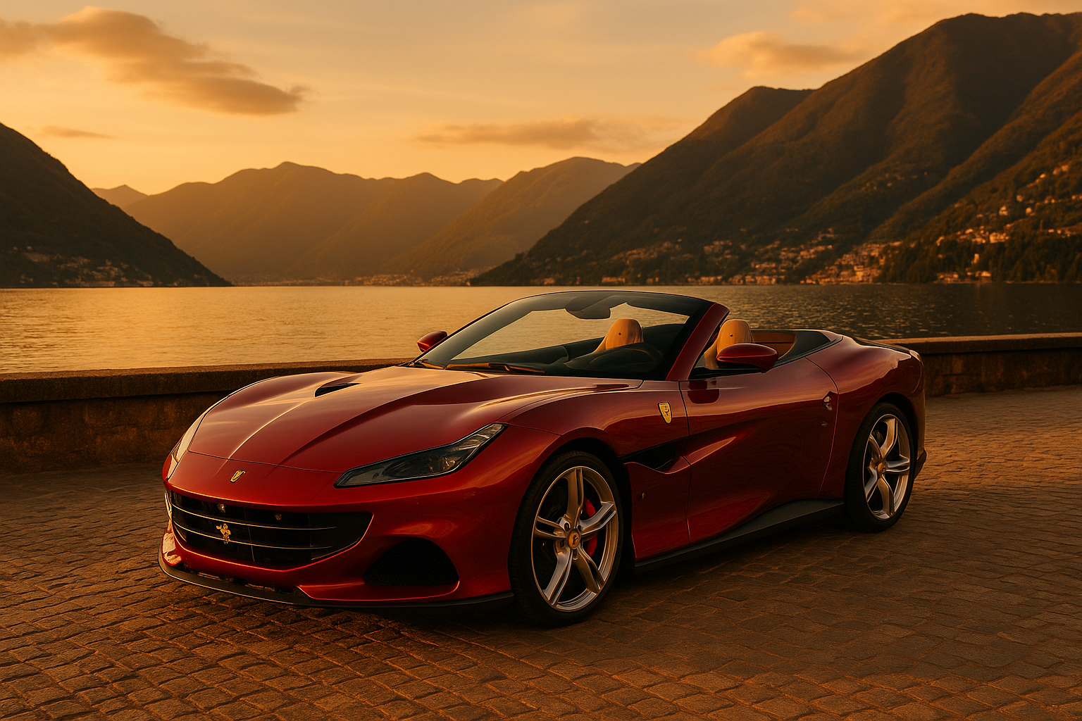 Ferrari Portofino M blu sulla SP38 del Lago di Como, vista su Tremezzo