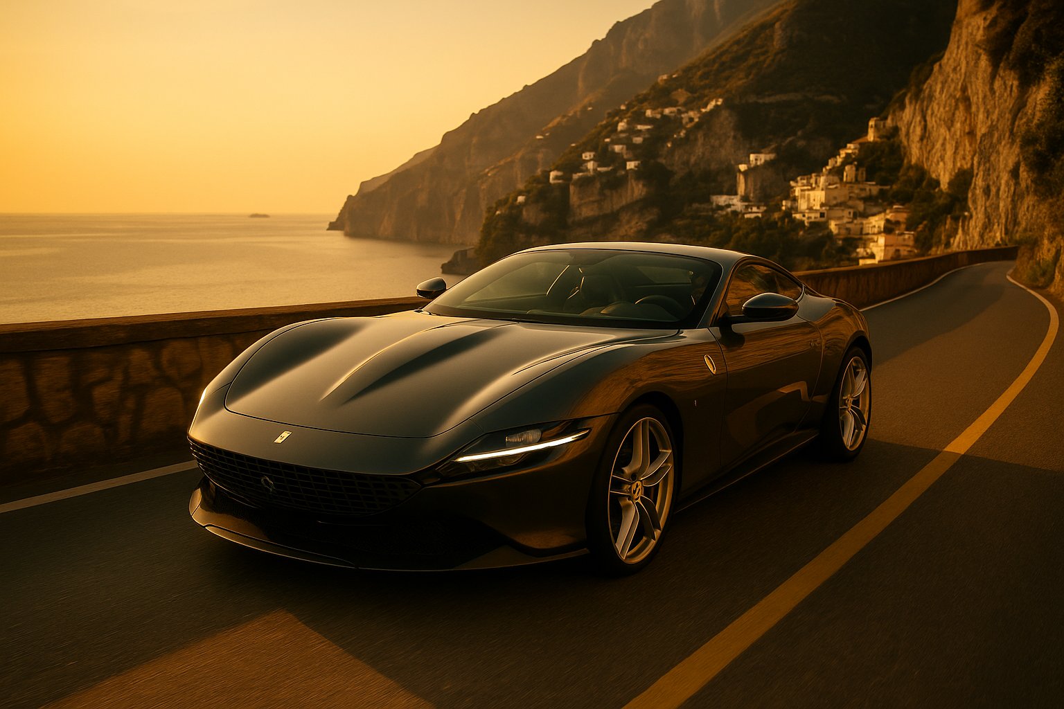 Ferrari Roma rossa sulla Costiera Amalfitana, vista mare verso Positano