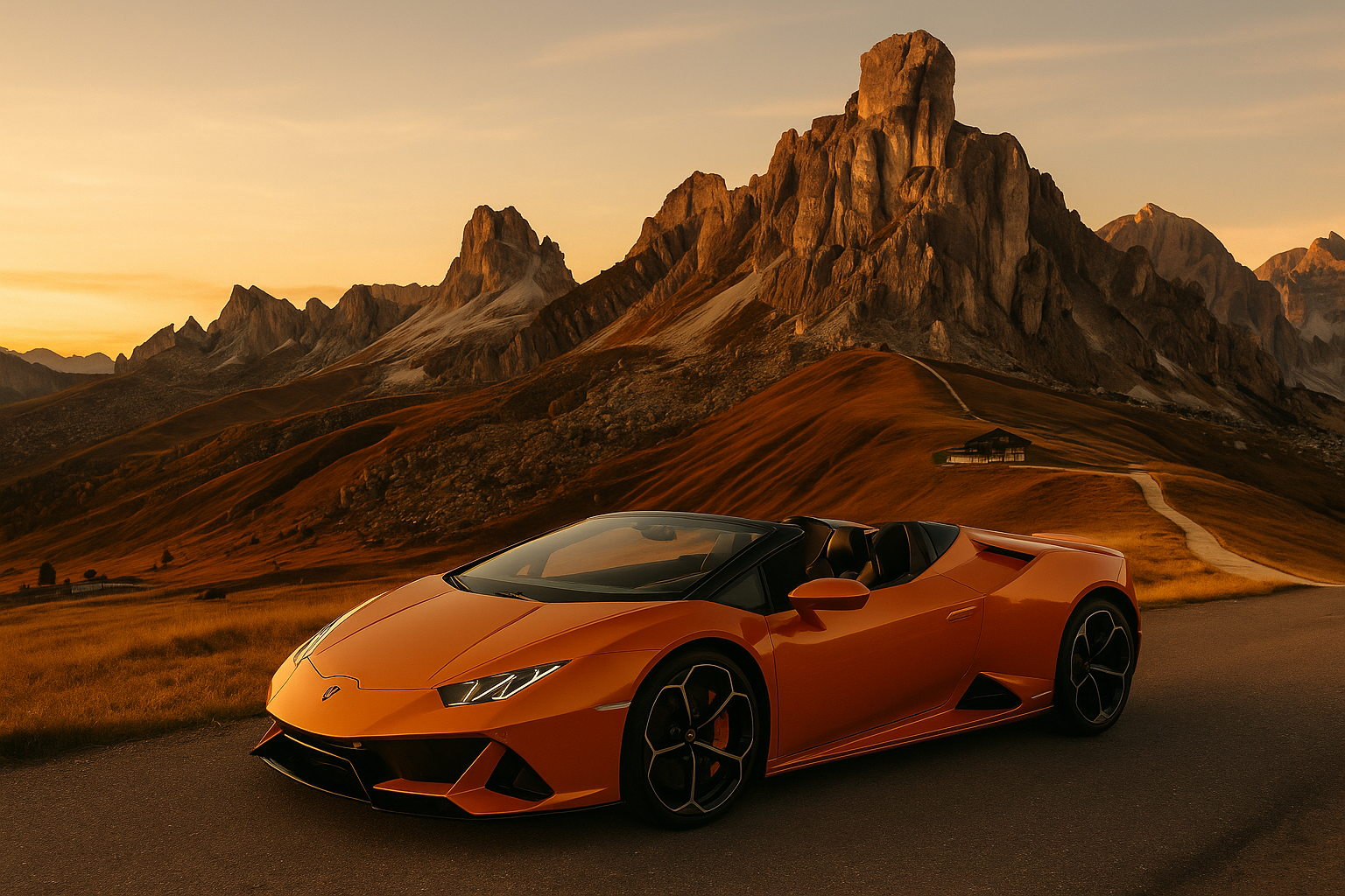 Lamborghini Huracan Evo Spyder verde al Passo Sella, Dolomiti