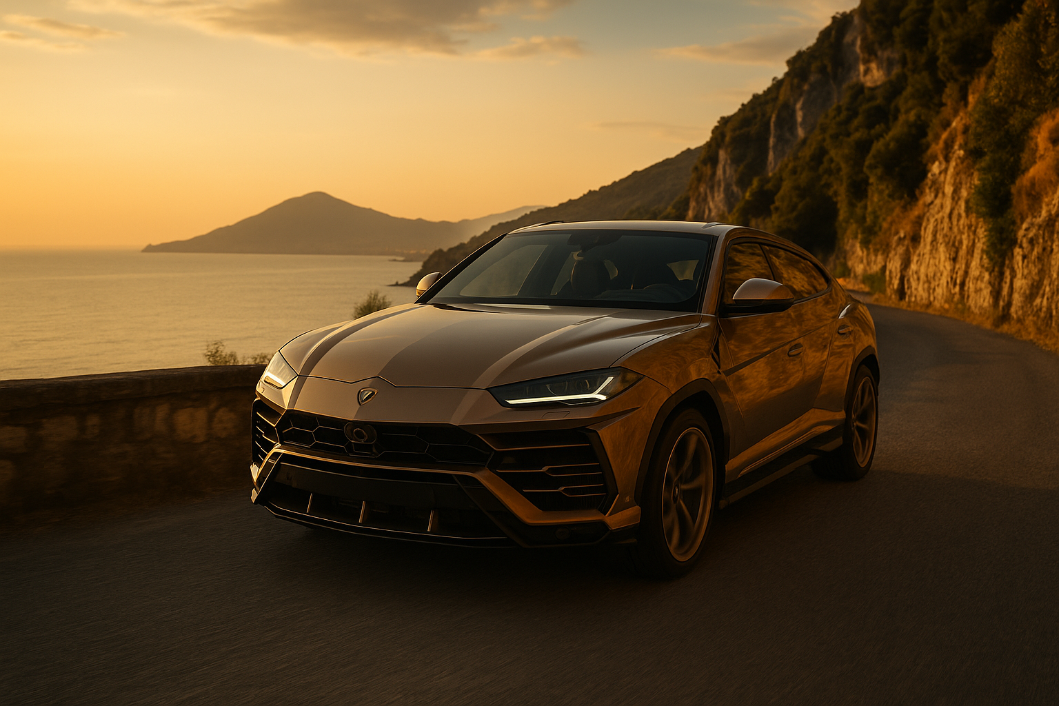 Lamborghini Urus grigia sulla costiera cilentana, vista sul Tirreno verso Palinuro