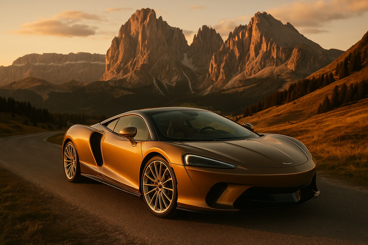 McLaren GT grigia sulla Grande Strada delle Dolomiti, vista sulla Marmolada