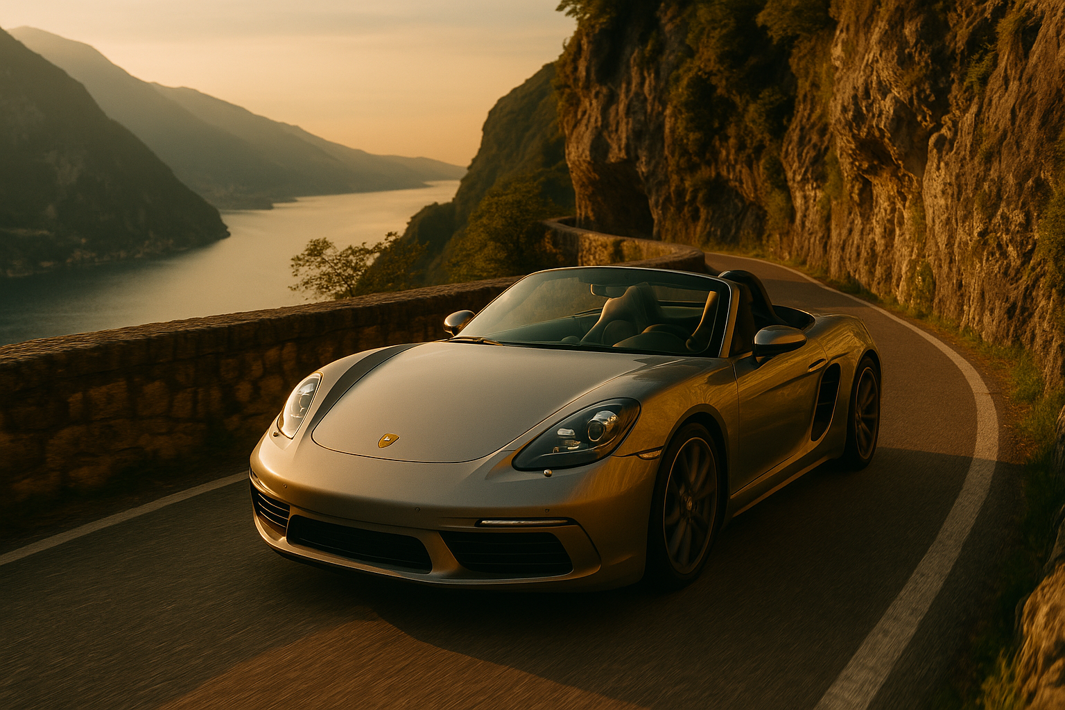 Porsche 718 Boxster arancione in galleria sulla Strada della Forra, Lago di Garda