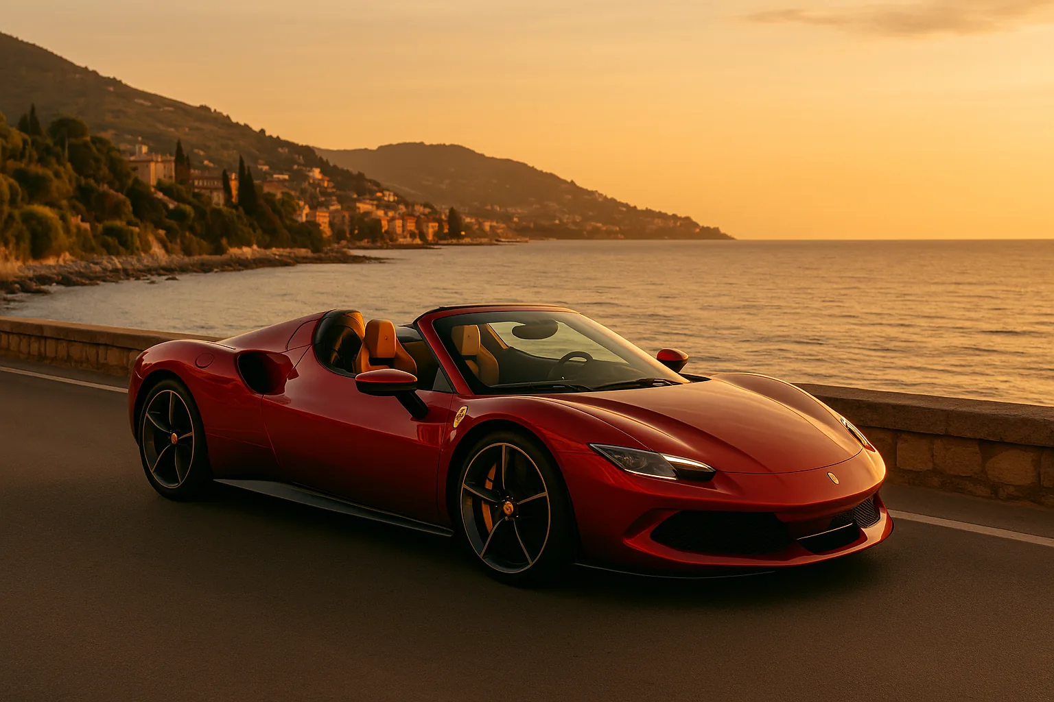 Ferrari 296 GTS rossa sul lungomare della Riviera dei Fiori: un'auto di lusso intestata alla tua società e gestita a noleggio da GC Auto